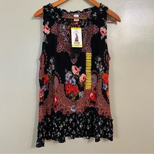 Bila Boho Retro Floral Sleeveless Black Top Tired Rsyon Summer M NWT